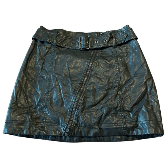 Free People Y2K Mini Skirt Black Belted Faux Leather Short Vegan Lined Size 2 - Picture 2 of 8